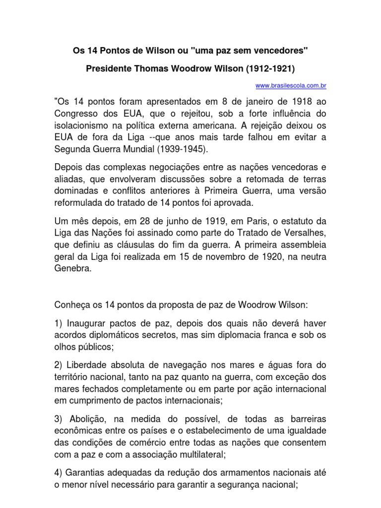 14 Pontos de Wilson: Proposta de Paz | PDF | Os Estados Unidos ...