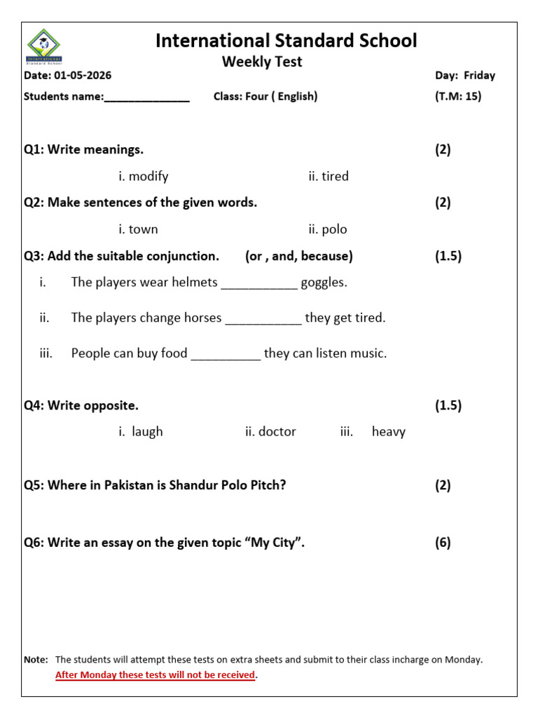 Weekly Test English for Class 4 | PDF