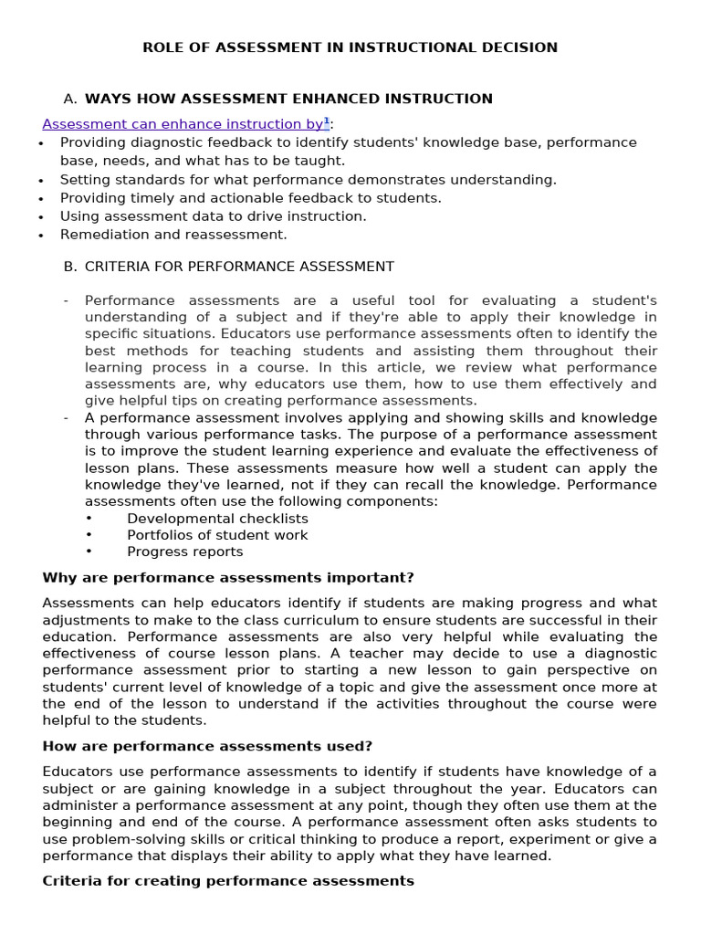 ROLE OF ASSESSMENT IN INSTRUCTIONAL DECISION | PDF | Educational ...