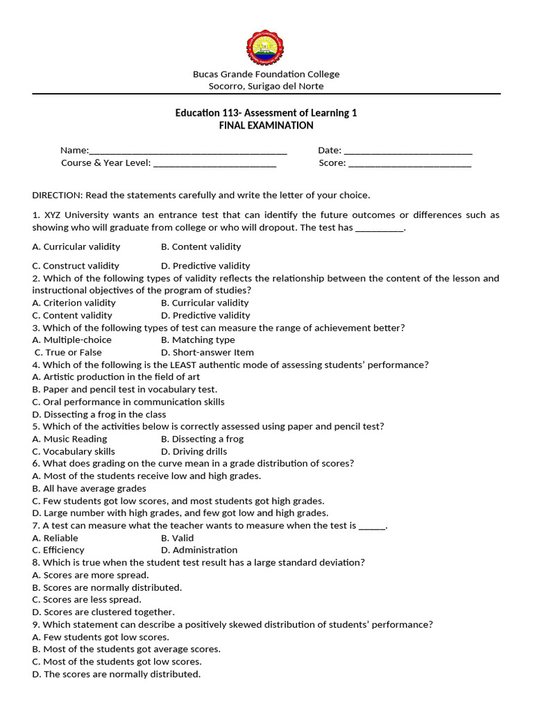 Final Exam. Assessment of Learning1 | PDF | Educational Assessment ...