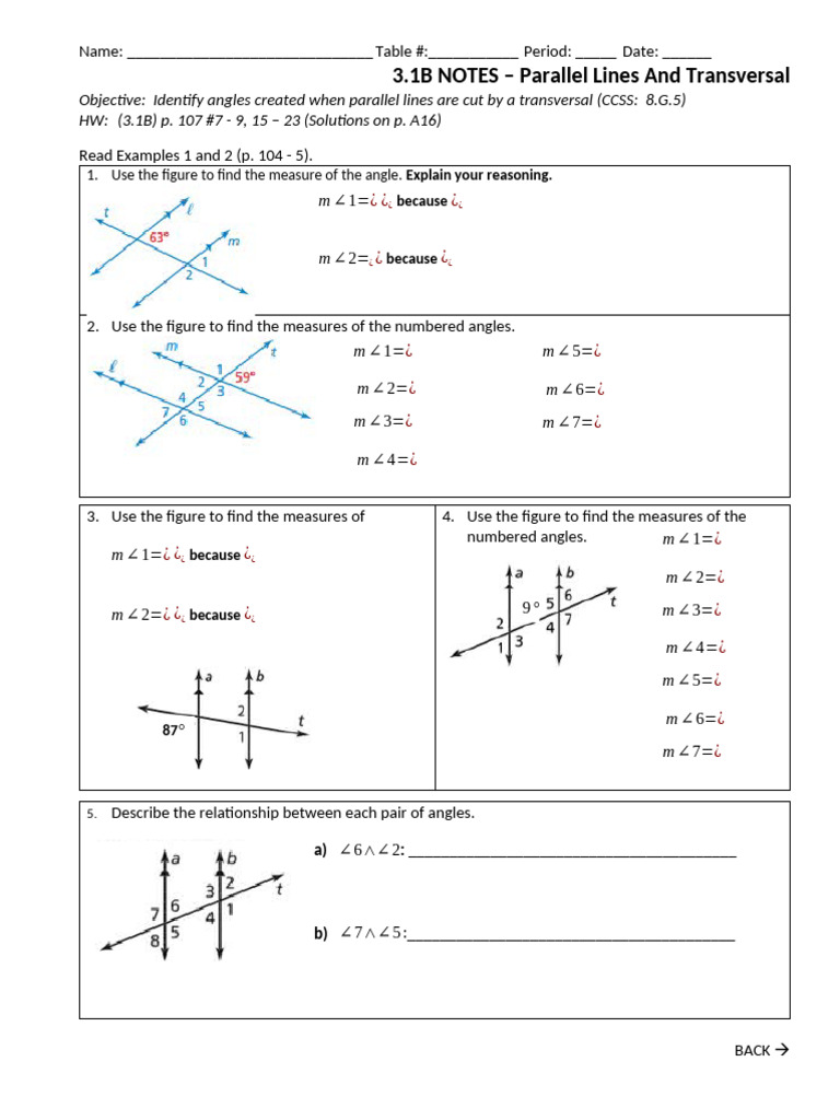 3.1b Cw Parallel Lines and Transversal 19.20 | PDF | Angle | Rotation