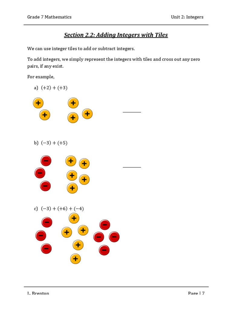 2.2 Adding Integers With Tiles Notes | PDF