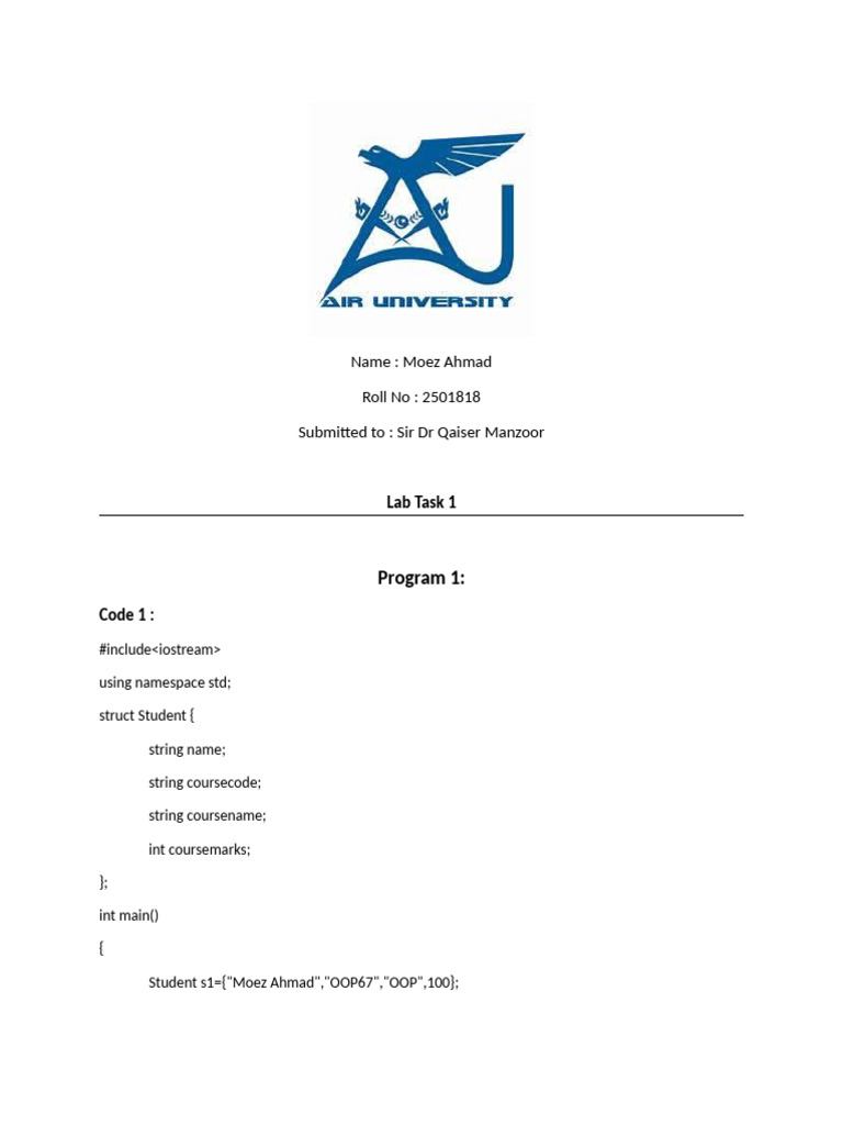 OOP LAb taask 1 | PDF | Namespace | Computer Programming