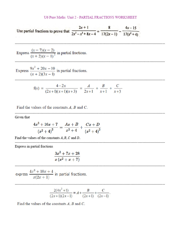 Partial Fractions Worksheet | PDF