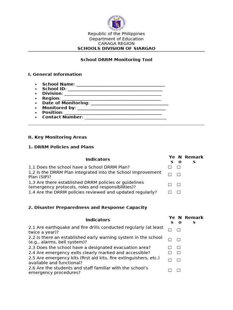 School DRRM Monitoring Tool | PDF | Emergency Evacuation | Emergency