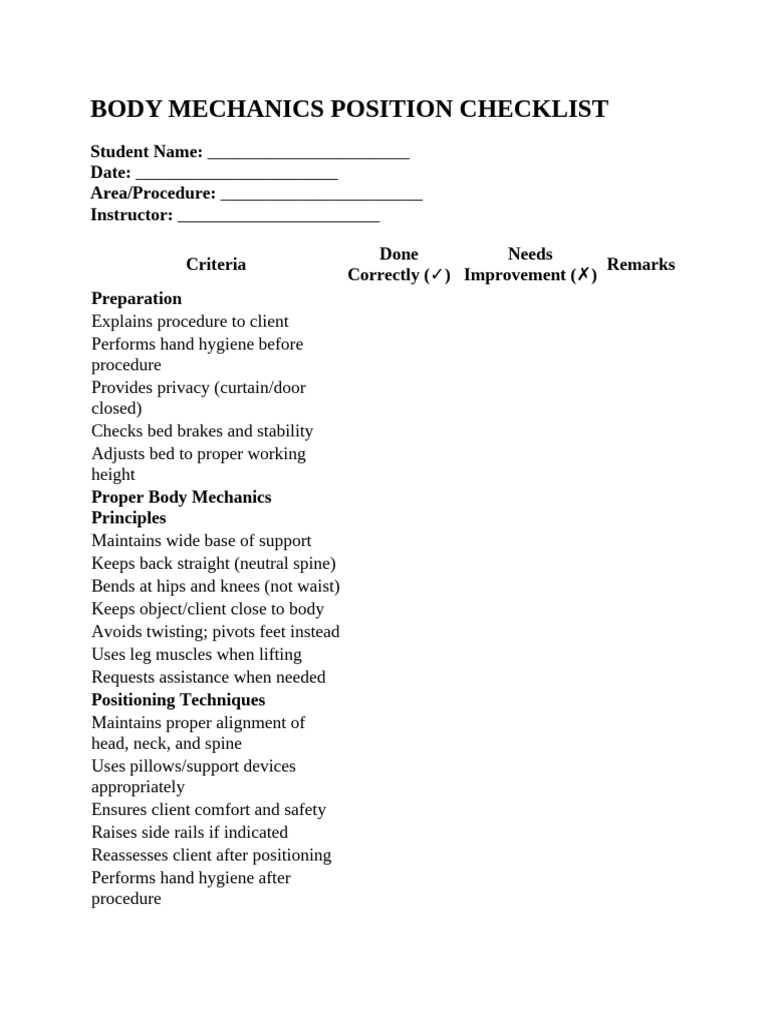 Body Mechanics Position Checklist | PDF