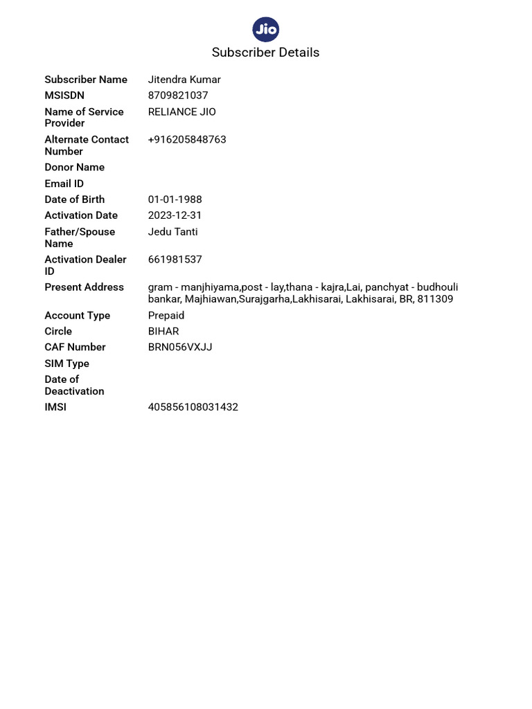 Subscriber Details Single - 8709821037 | PDF