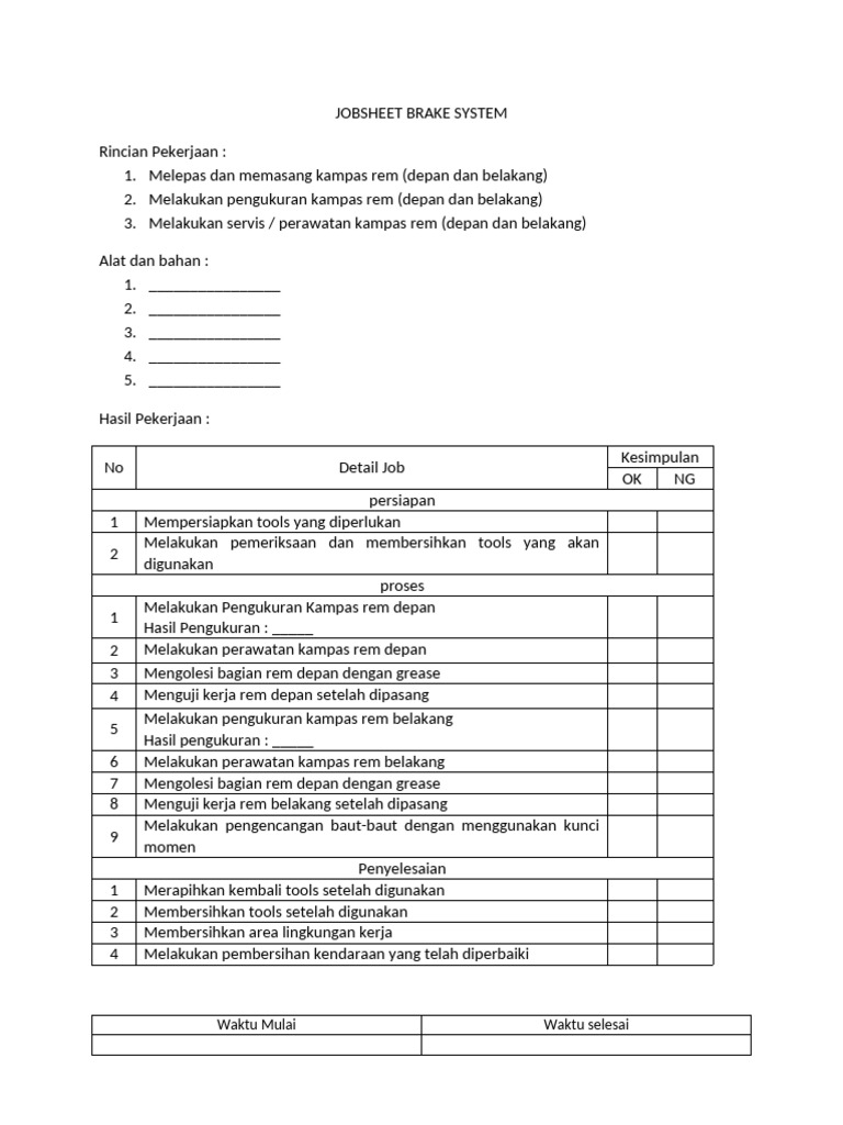 Jobsheet Brake System | PDF