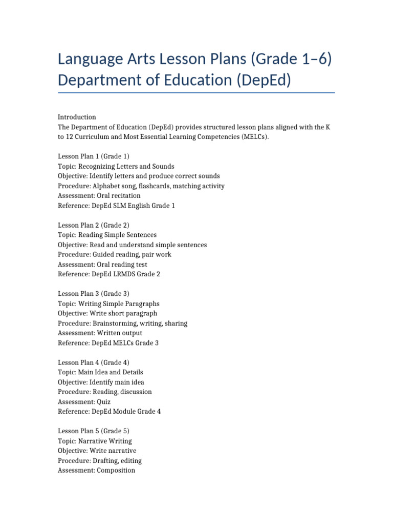 Language Arts Lesson Plans DepEd | PDF