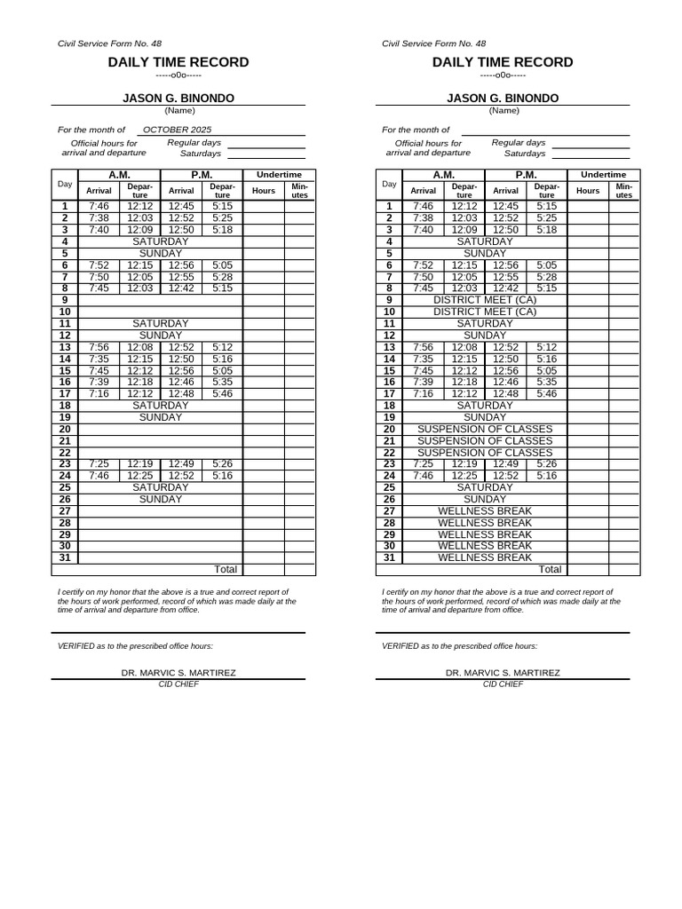 Appendix 24 Daily Time Record DTR Copy | PDF