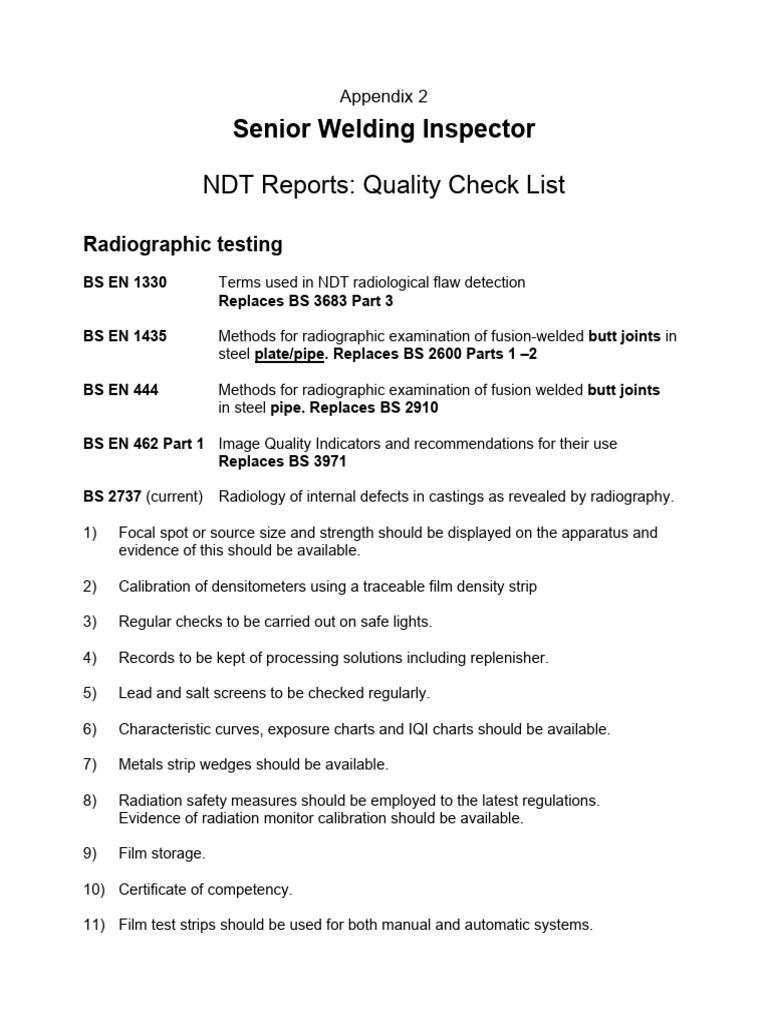 NDT Quality Check List Handout 2 | PDF | Nondestructive Testing ...
