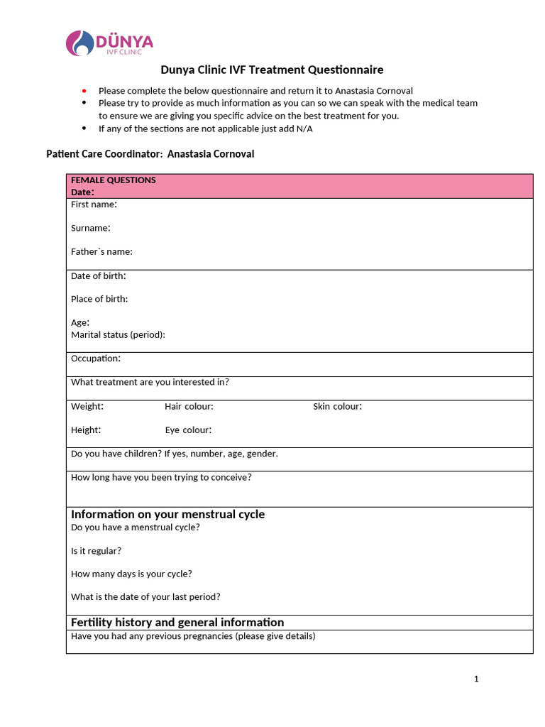Questionnaire Bookimed 2 | PDF | In Vitro Fertilisation | Genetic Disorder
