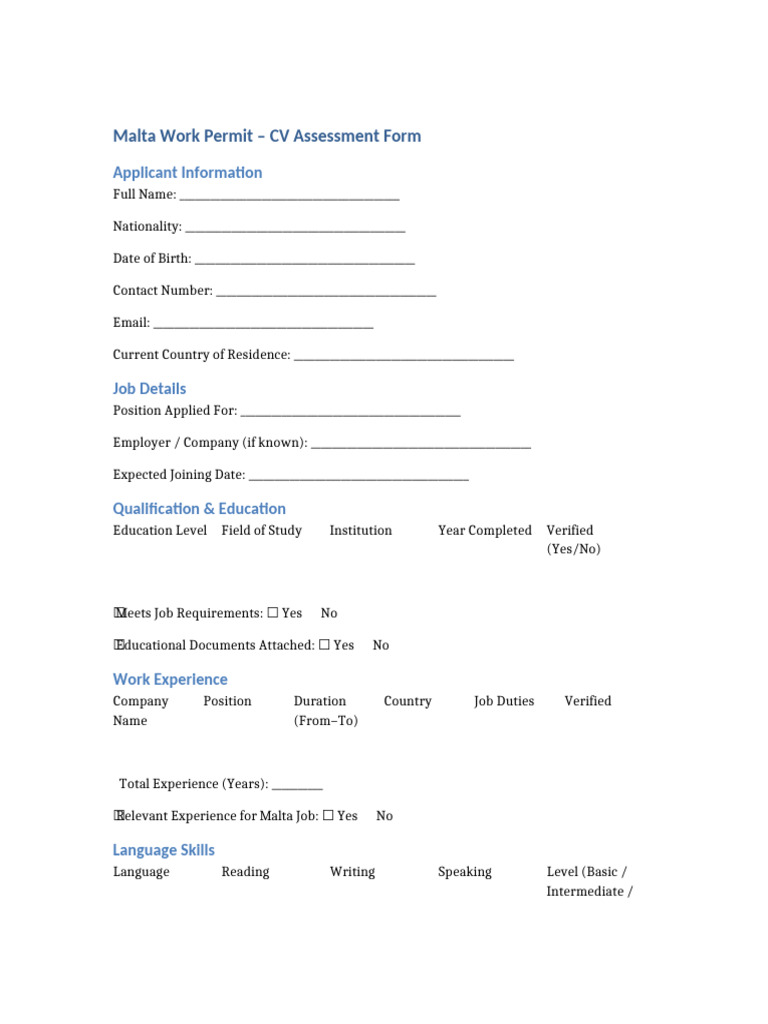 Malta CV Assessment Form | PDF