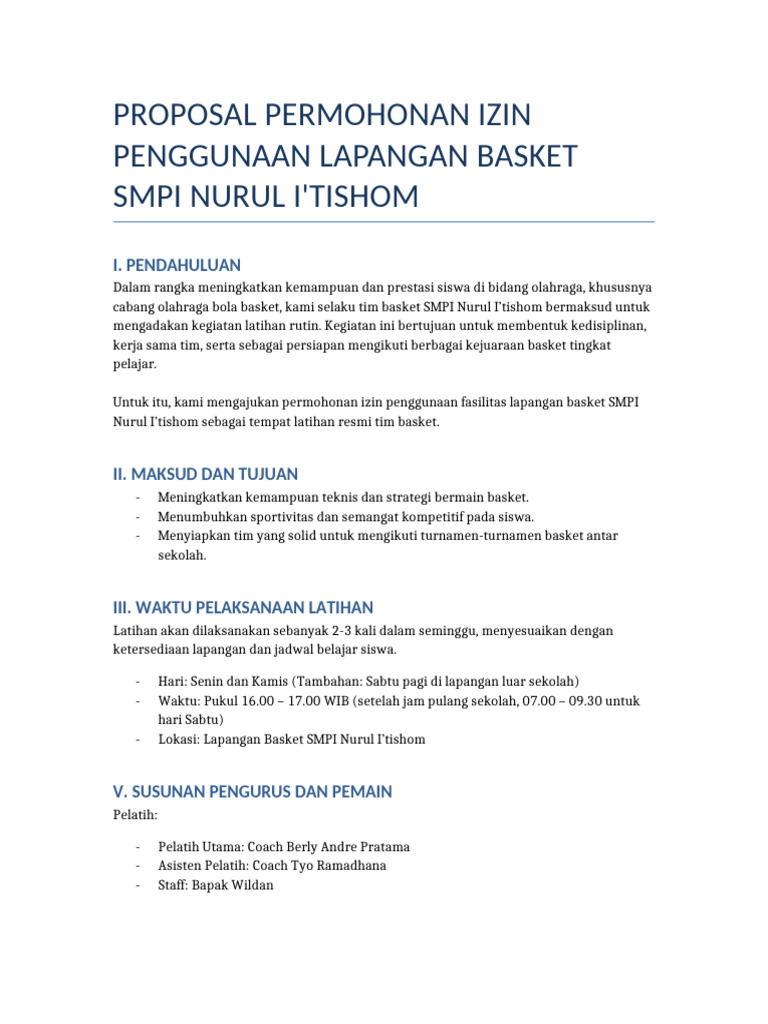 Proposal Penggunaan Lapangan Basket SMPI Nurul Itishom | PDF