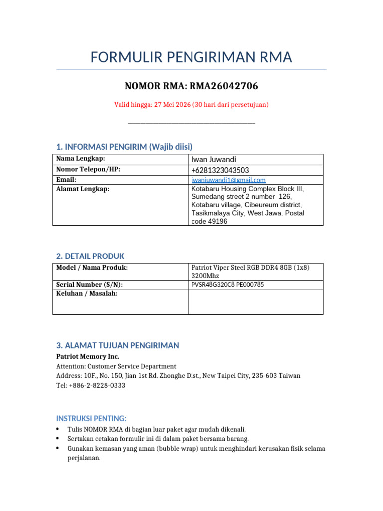Form RMA Patriot RMA26042706 | PDF