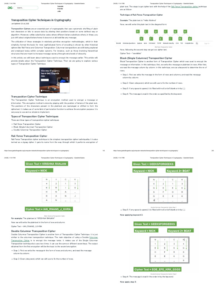 Transposition Cipher Techniques in Cryptography | PDF | Applied ...