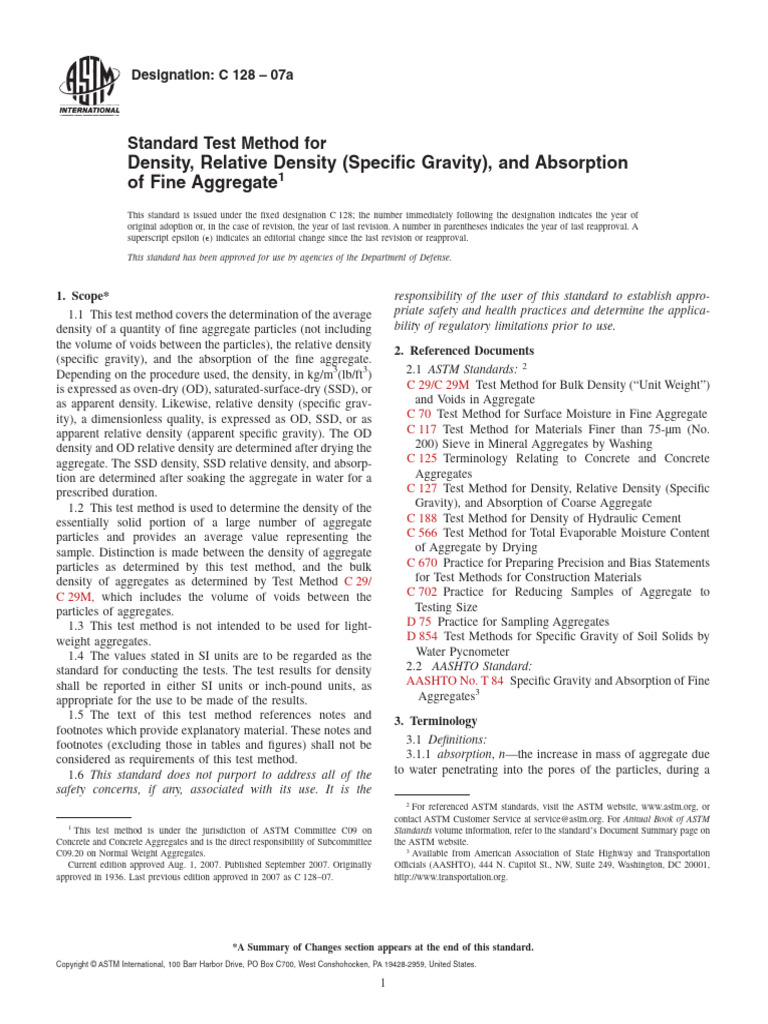 Astm c128 Standard Test Method of Specific Gravity and Water Absorbtion ...