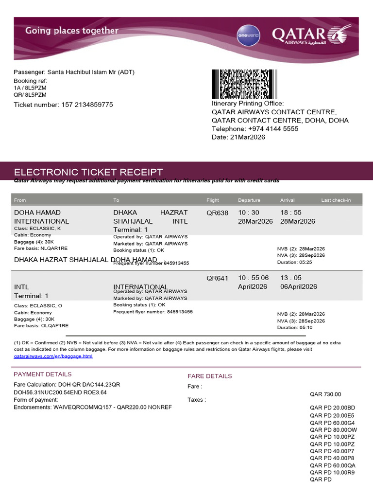 Your Electronic Receipt.pdf | PDF | Airlines | Qatar