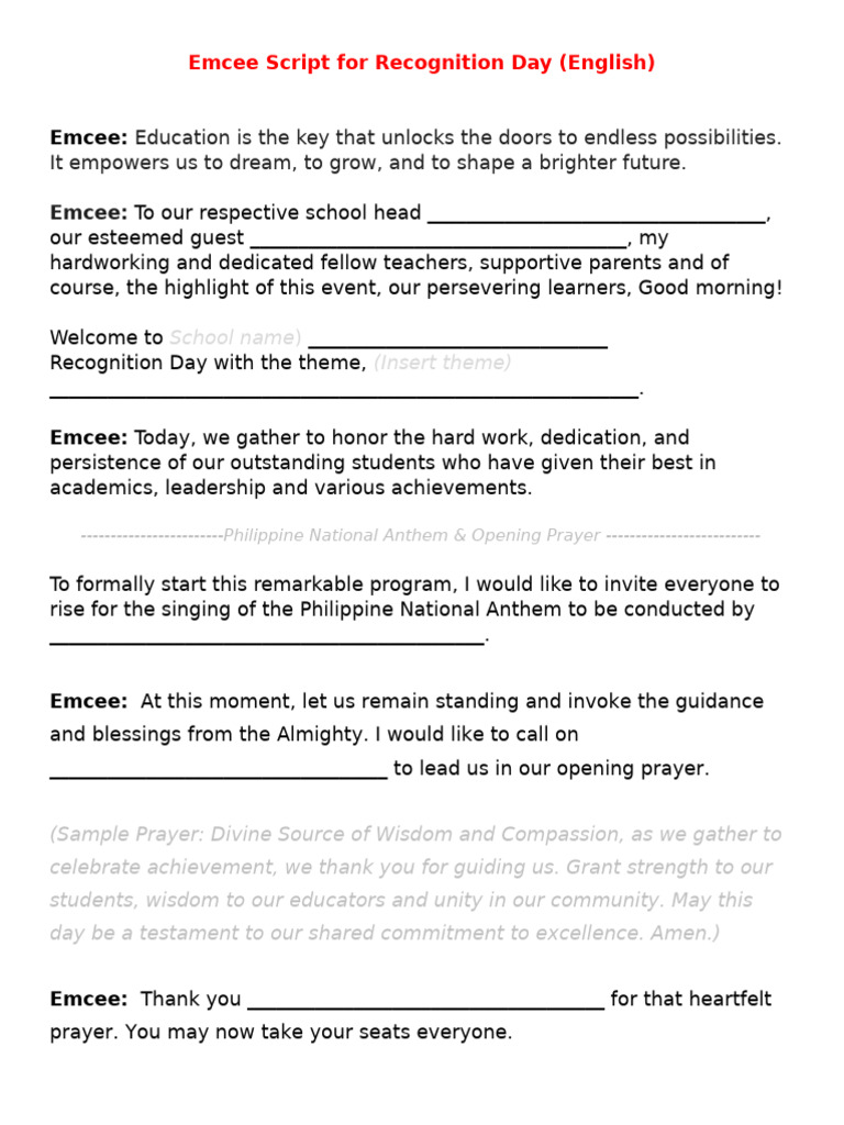 Emcee Script For Recognition Day - English | PDF