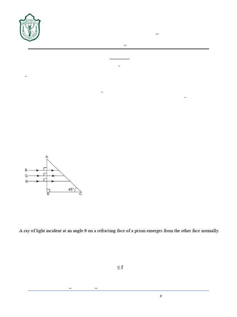 Worksheet Ray Optics and Optical Instruments | PDF | Optics | Refraction