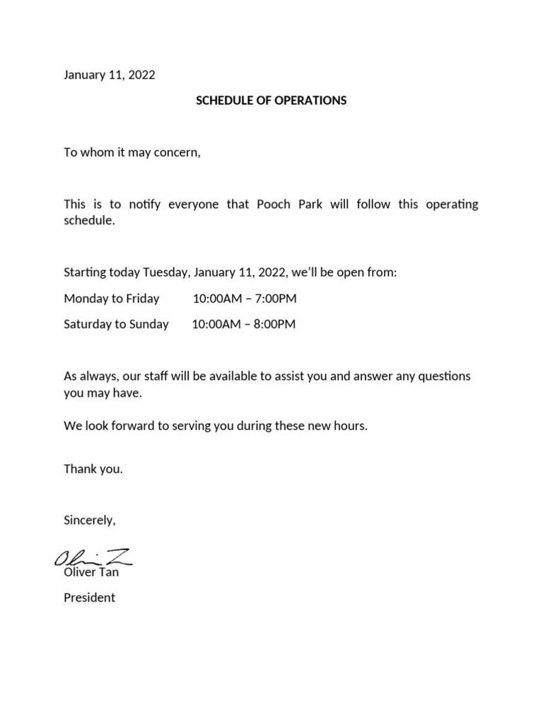 Operating Schedule | PDF