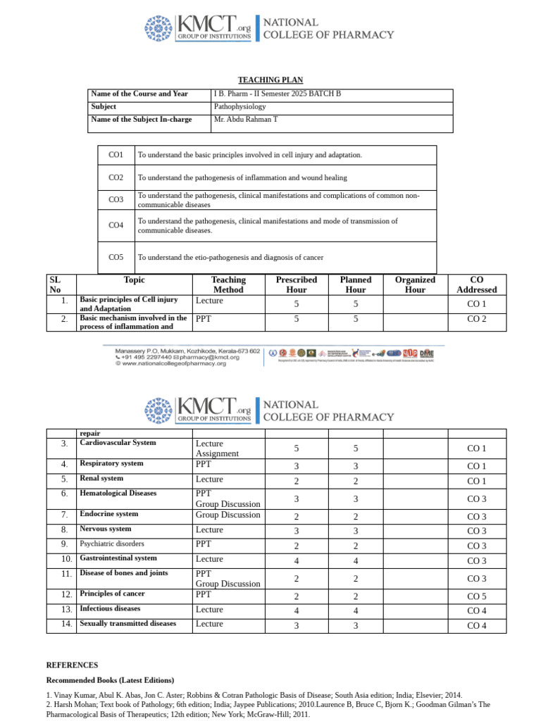 Pathophysiology Teaching Plan | PDF | Infection | Health Sciences