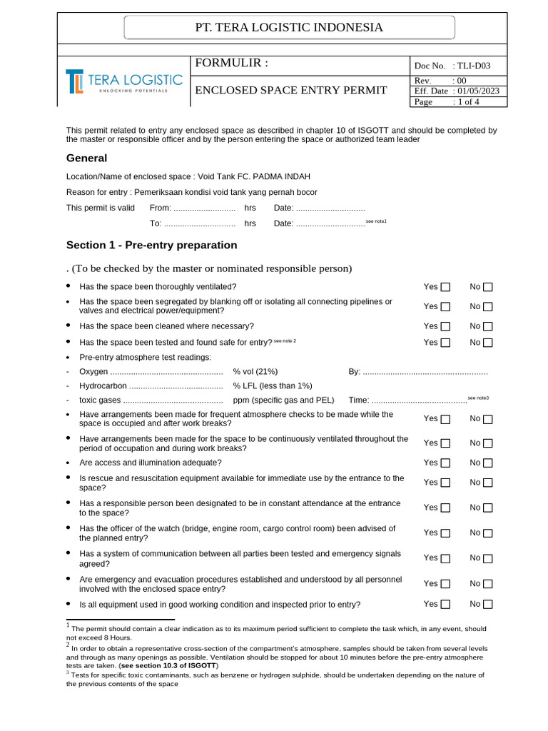 TLI-D03 Enclosed Space Entry Permit | PDF | Gases | Equipment