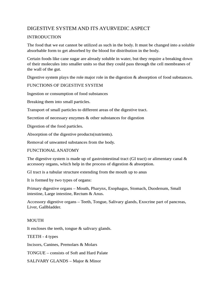 DIGESTIVE SYSTEM AND ITS AYURVEDIC ASPECT | PDF | Human Digestive ...