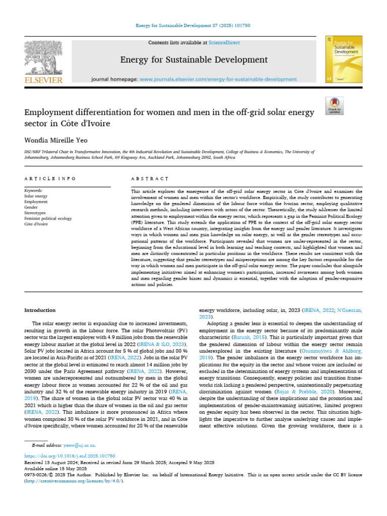 Employment Differentiation for Women and Men in the Off-grid Solar ...