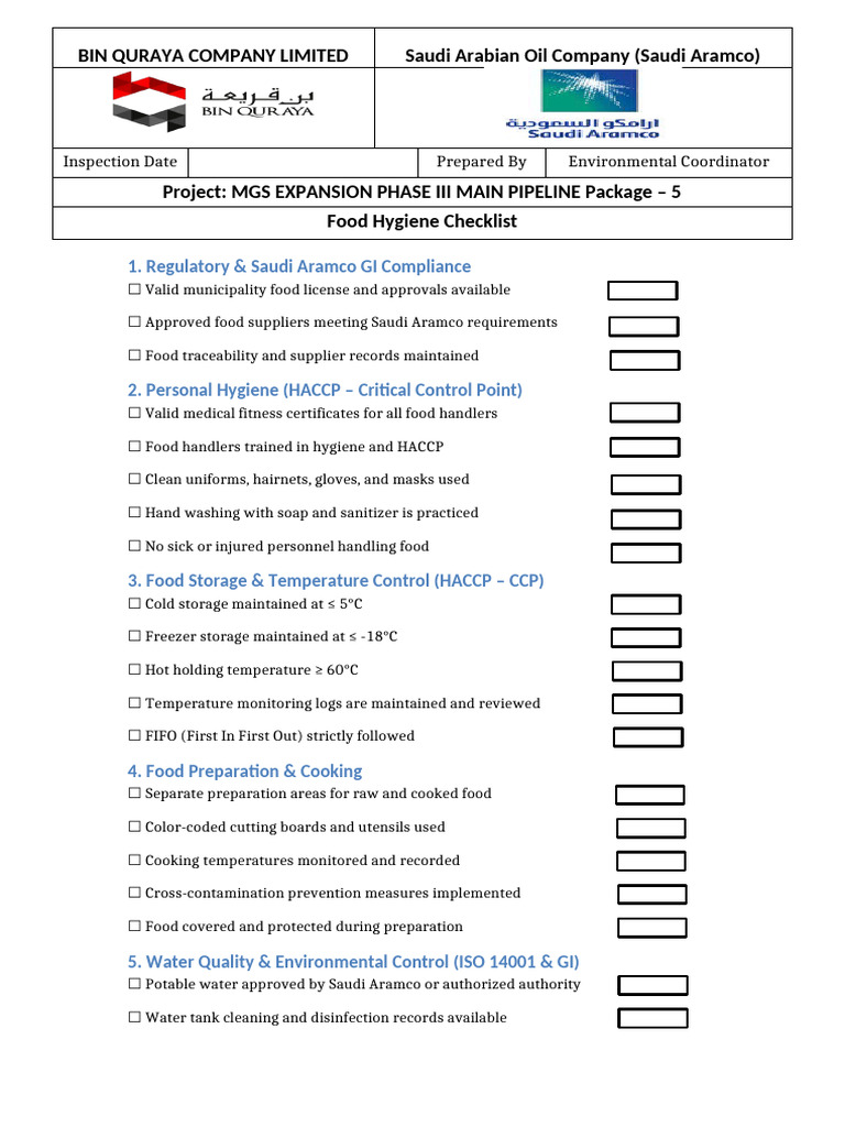 Food Hygiene Checklist | PDF | Food Safety | Hygiene