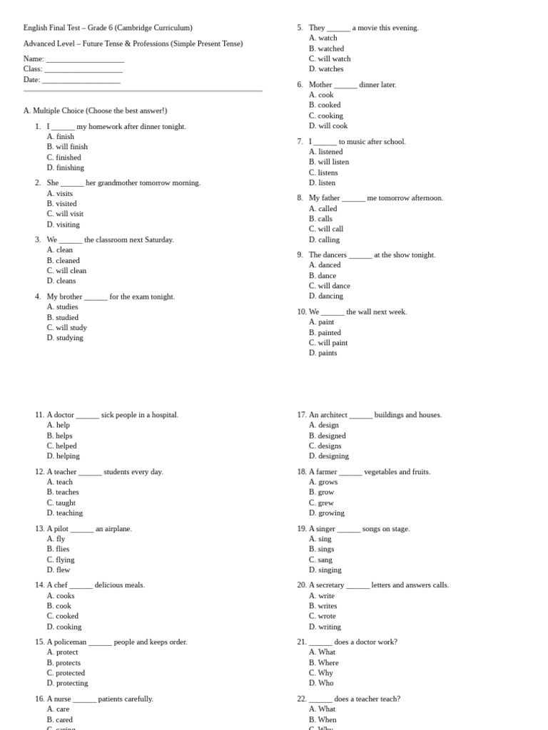 English Final Test 6 | PDF