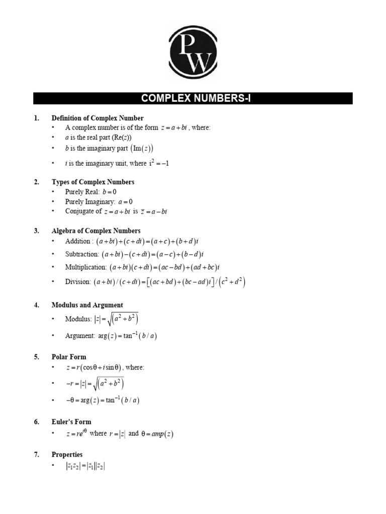 Complex Numbers-I Formula Sheet | PDF | Complex Number | Multiplication