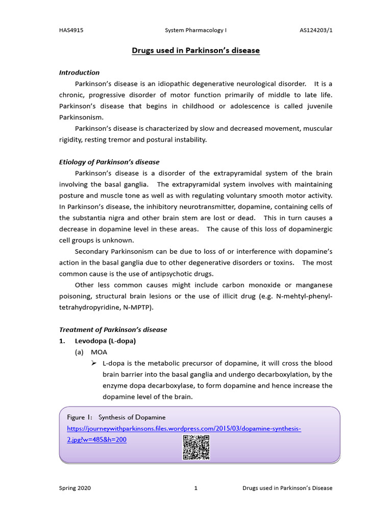 Drugs Used in Parkinsons Disease | PDF | Dopamine | Parkinson's Disease