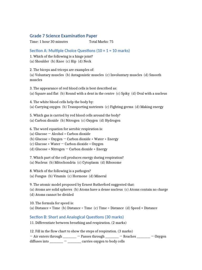 Grade 7 Science Paper | PDF | Cellular Respiration | Atoms