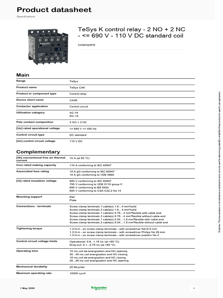 PES Schneider Electric TeSys K D SK Control Relays CA3KN22FD NEW | PDF ...