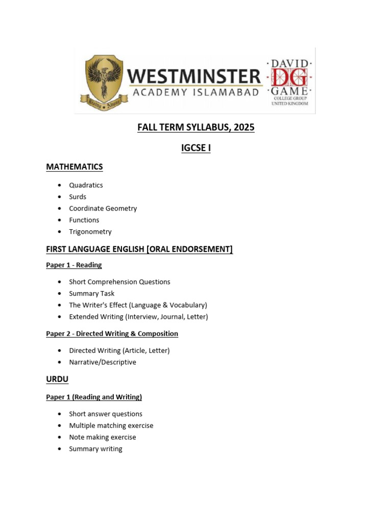 IGCSE-I Fall Term Syllabus (2025-2026) (1) | PDF | Formula | Hadith