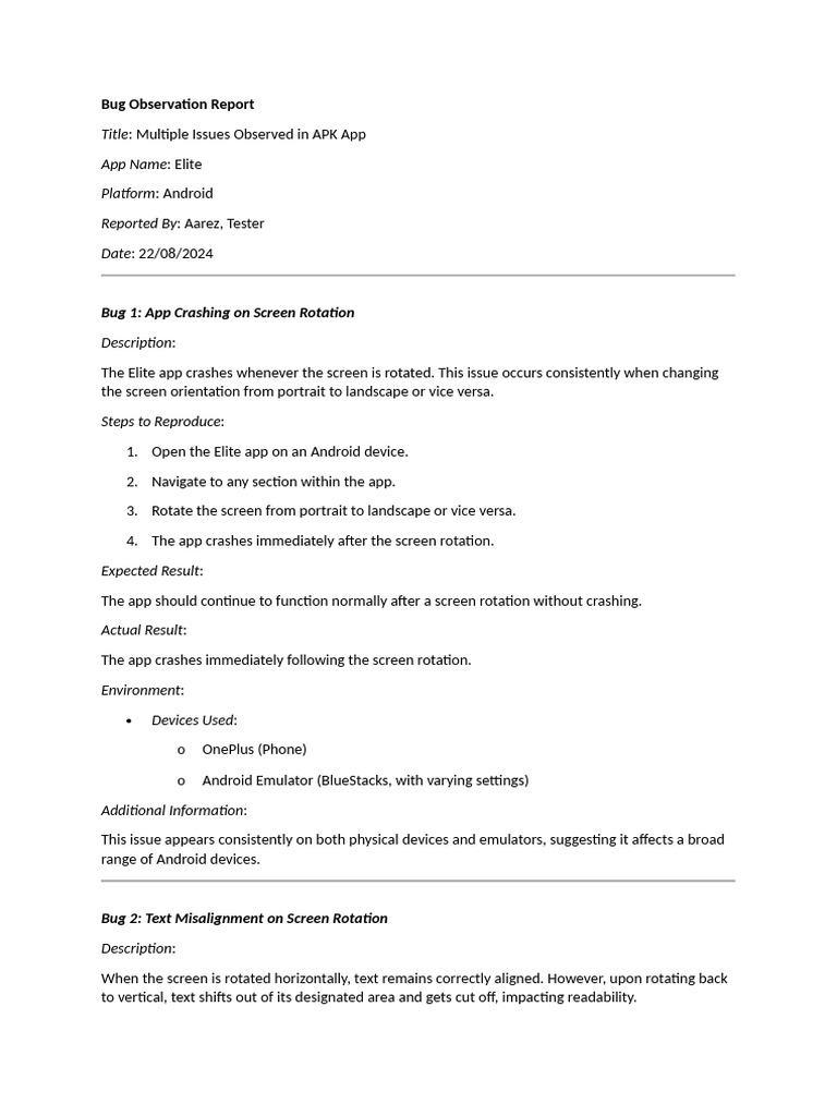 Bug Observation Report | PDF | Mobile App | Android (Operating System)