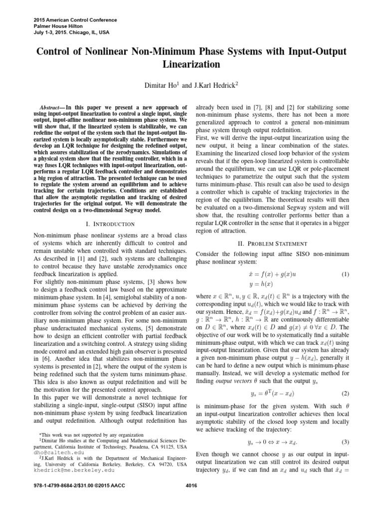 [14]Control of Nonlinear Non-minimum Phase Systems With Input-output ...