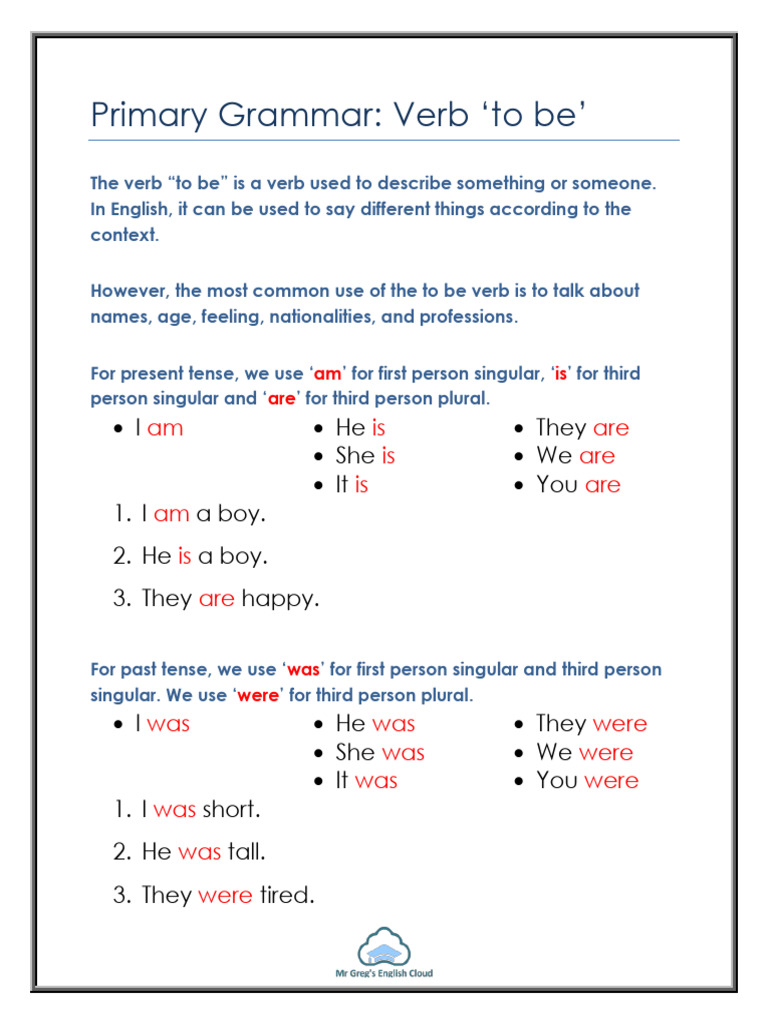 Primary Grammar Verb To Be | PDF | Grammatical Number | Grammatical Tense