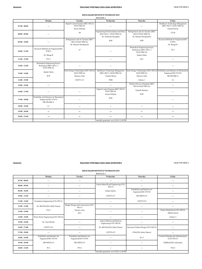 Teaching Timetable - 2025-2026 - Semester II - STUDENTS | PDF ...
