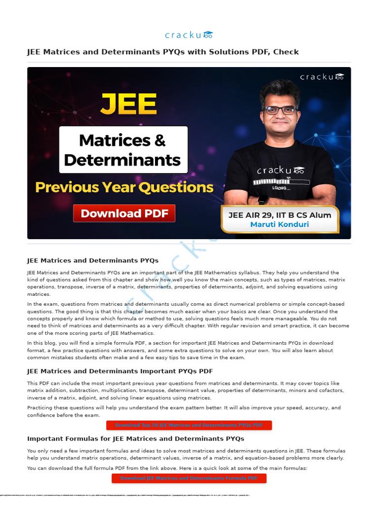 JEE Matrices and Determinants PYQs With Solutions PDF, Check | PDF ...