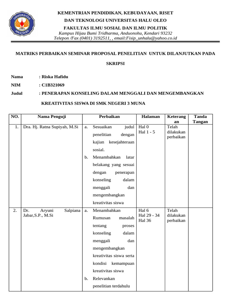 Matriks Perbaikan Proposal RISKA HAFIDU | PDF
