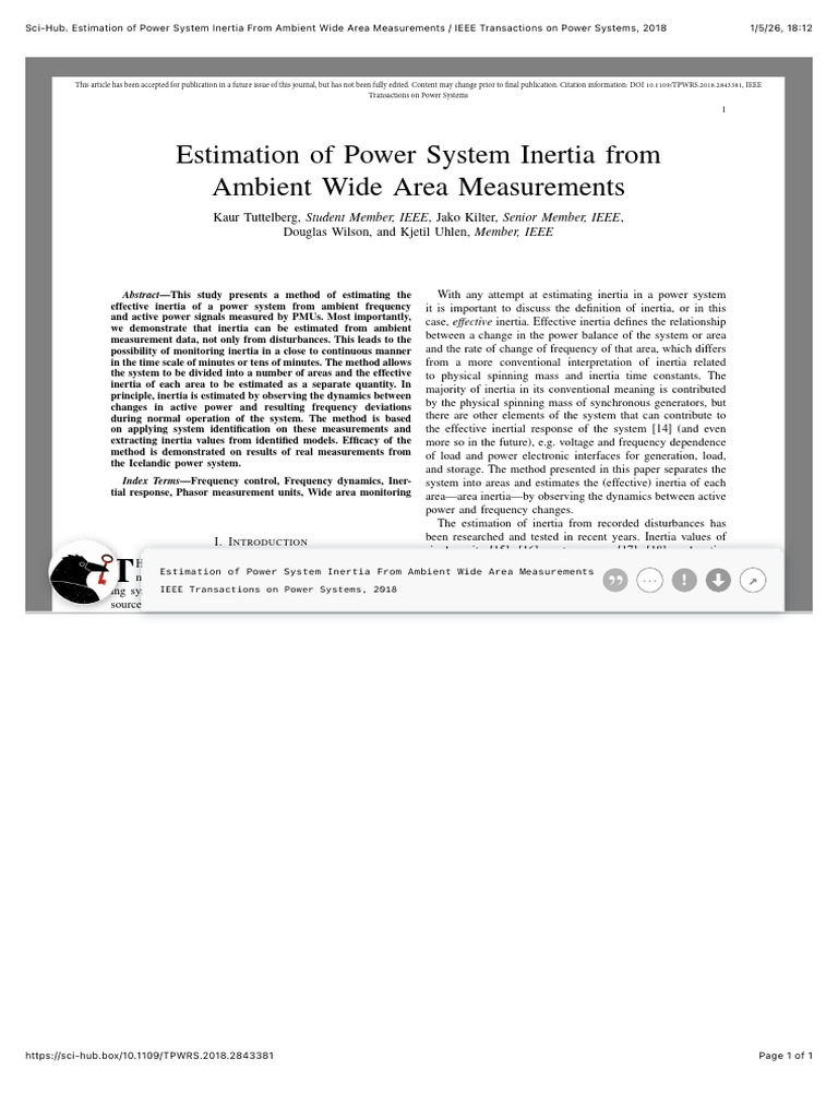Estimation of Power System Inertia From Ambient Wide Area Measurements ...