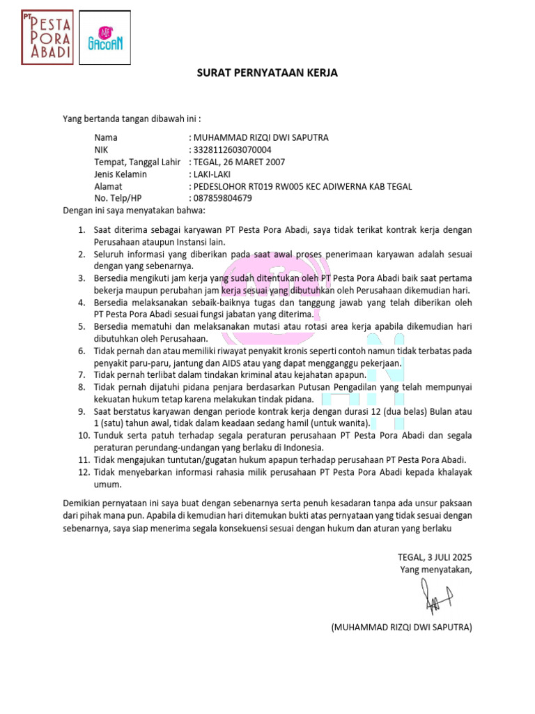 (MASTER) Surat Pernyataan Kerja Rev 01 24012025 UTUN | PDF