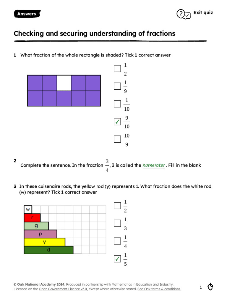 Exit Quiz Answers 1 Checking and Securing Understanding of Fractions | PDF