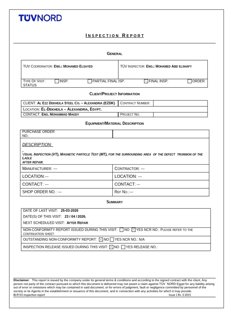 EZDK Ladel VT, MT Laddle Trunnion (23!04!2026) | PDF | Nondestructive ...