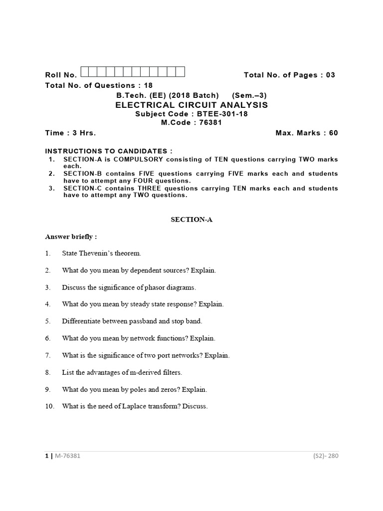 Btech Ee 3 Sem Electrical Circuit Analysis 76381 Jan 2021 | PDF ...