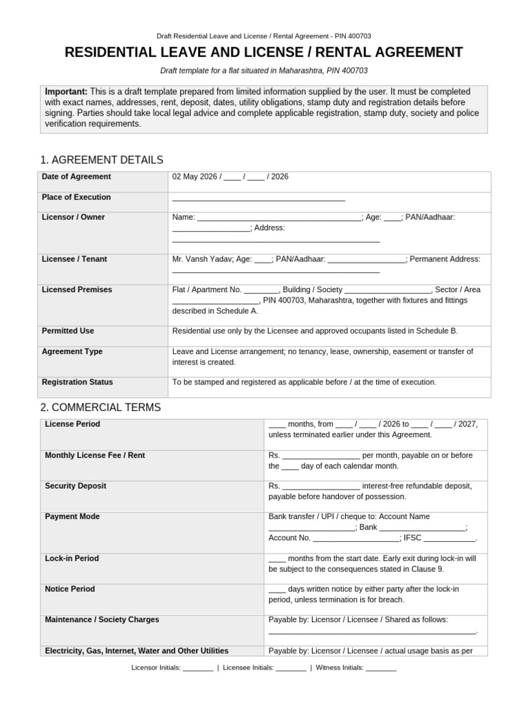 rental_agreement_vansh_yadav_400703 | PDF | License | Landlord