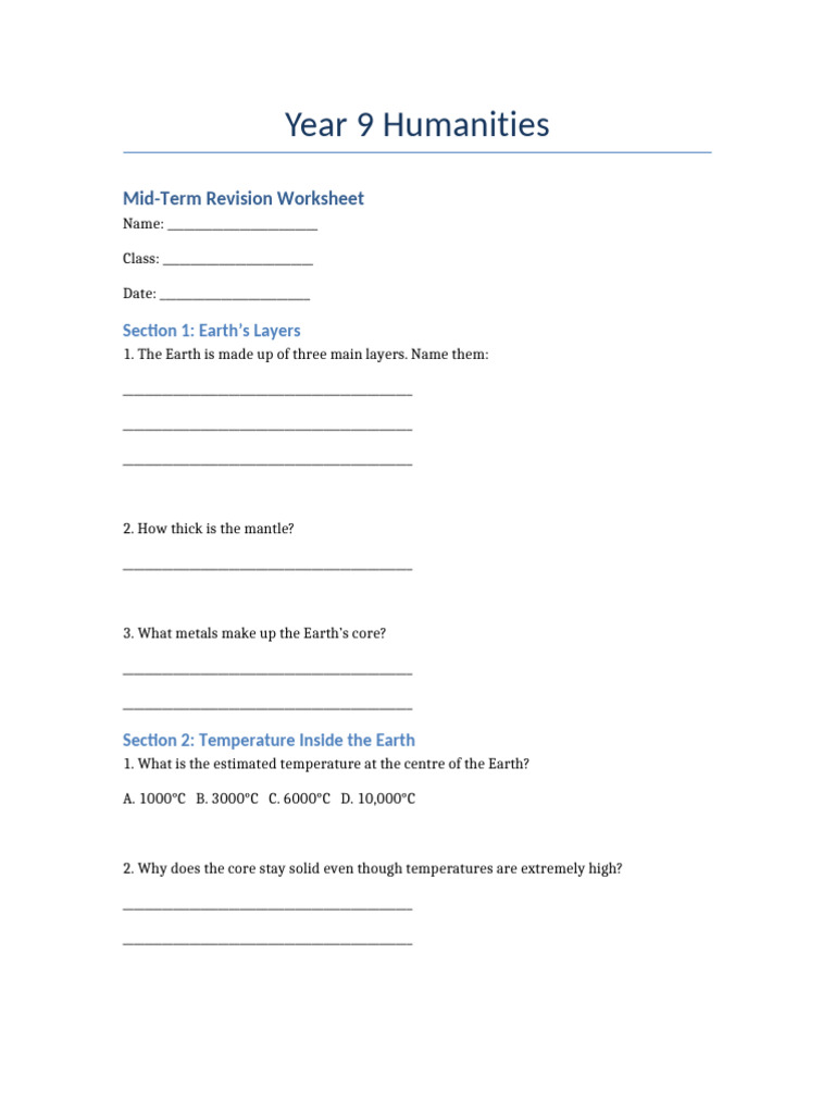 Year 9 - Midterm- Worksheet | PDF | Plate Tectonics | Earth