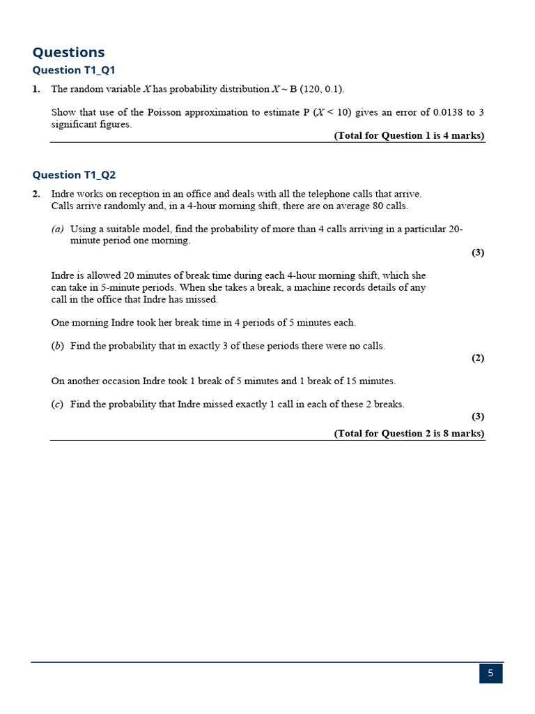 Exam Questions - Further Statistics Chapter 1 - Poisson Distribution ...